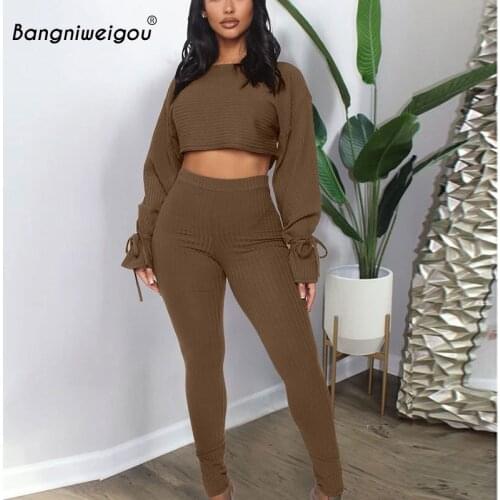 Bangniweigou Two-Piece Set Women Ribbed Knitting Bell Sleeve Matching Sets Crop Top Pants Sets Womens Autumn Casual Tan Outfits
