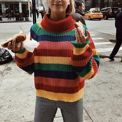Bella philosophy Rainbow turtleneck sweaters women winter jumpers knitted clothes fashion striped oversized pullover female sale