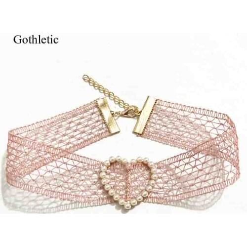 Gothletic Lace Choker 2019 NEW Fashion Pink Sheered Fabric Choker Pearl Embellished Open Heart collar Necklace for Women Jewelry