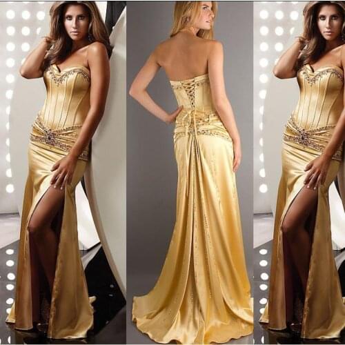 Lace up gold satin sweetheart beading 2015 new hot free Shipping Sexy Party Evening dress Formal gown long Prom Dresses