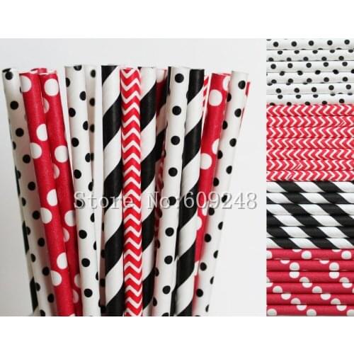 100pcs Minnie Drinking Paper Straws Mix,Black Striped and Swiss Dot,Red Chevron and Polka Dot,Mouse Birthday Party,Craft Straws