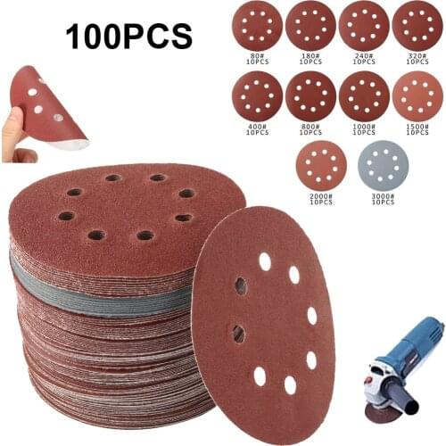 100pcs 8 Hole 125mm Sandpaper Round Shape Sanding Paper Sanding Discs Hook and Loop Sanding Pads Polishing Brand New
