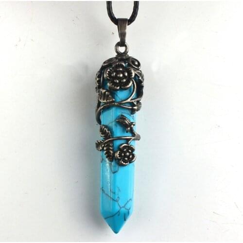 100-Unique 1 Pcs Silver Plated Hexagonal Prism Inlay Flower Leaf Blue Howlite Stone Pendant Fashion Jewelry