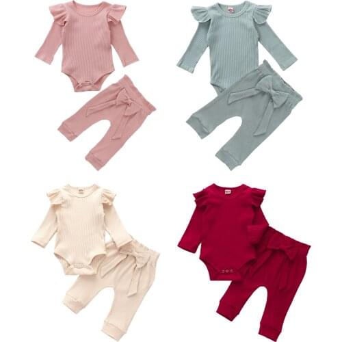 2020 4 Colors Infant Baby Girl Autumn Clothes 2pcs Long Sleeve Knited Romper Tops+Big Bow Long Pants Soft Cotton Outfits Set