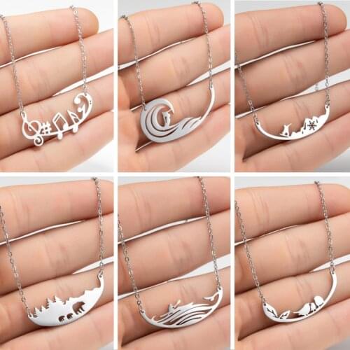 2020 New Design Simple Necklace For Women Stainless Steel Music Bird Leaf Snowboarder Kayaking Bear Pendant Necklaces Surfing
