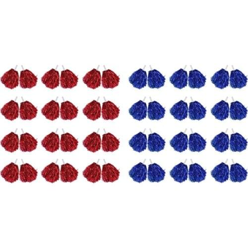 48X Cheerleading Pom Poms Metallic Foil Cheer Pom Poms With Plastic Handle For Adults Kids Cheerleaders Party Red & Blue