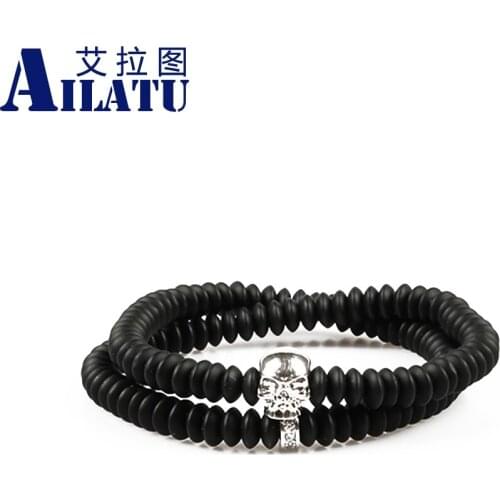 Ailatu Men' Favorite Punk 6mm Abacus Shaped Black Glass Beads with Cool Skull Charm Two Circles Energy Bracelet