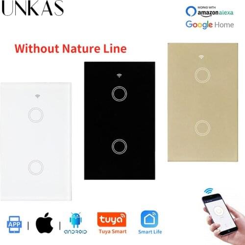 UNKAS 2 Gang 1 Way US Standard Tuya Smart Home Automation Wireless Wall Switch Crystal Glass Single Fire Line Touch Switch