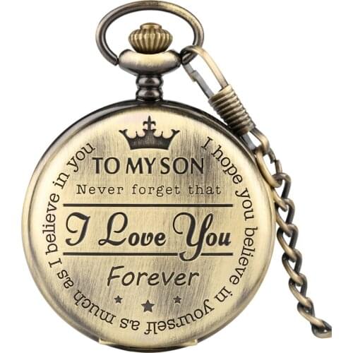Bronze Color 'TO MY SON' Quartz Pocket Watch With 30cm Chain Roman Numerals Dial Fob Men Watches Birthday Gifts for Male Boys