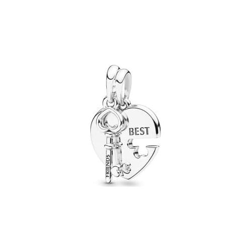 925 Sterling Silver fashion sparkling Best Friends Heart & Key pendant beads Fit Original Pandora Charm Bracelet Jewelry making