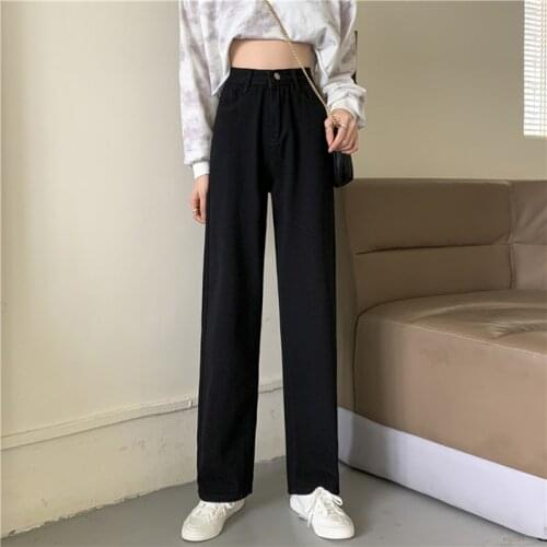 Black Denim Trousers Vintage Wide Leg Pants Women Korean Straight Long Pants High Waist Casual Loose 2021 Autumn