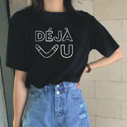 Deja Vu Letter Print T-shirt Women Tops Black White Pink Tee Shirt Femme Summer Casual Harajuku Cotton Plus Size Womens TShirt