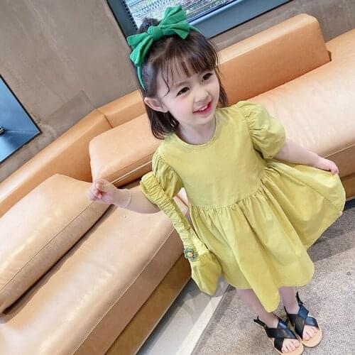 Girls Solid Dresses Summer Fashion Kids Short Sleeve Princess Vestidos with Bag Children Sweet Holiday Ruffles Clothing 2-6Y
