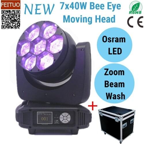 4pcs/lot flight case Bee Eye Moving Head Wash Light Zoom 7x40w LED RGBW Stage DJ Light Beam Moving Head for Disco Party