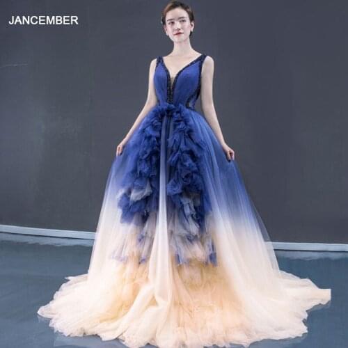 J66990 Jancember Ribbons Navy Blue Prom Dresses 2020 Long V-neck A Line Elegant Evening Dress Robe De Soirée 2020 Vestidos Mujer