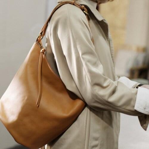 Women Handmade Classic Genuine Leather Bucket Bag Zipper Large Shoulder Bags Elegant Ladies Casual Soft Cowhide Crossbody Bag