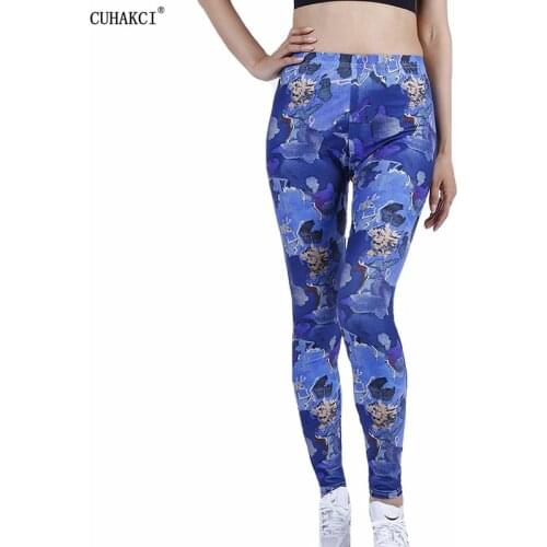 CUHAKCI New High Waist Slim Women Fitness Blue Print Leggings Trousers Workout Pants Hot Gym Tight Pencil Leggin Push Up Elastic