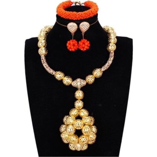 Fashion Dubai Arabic Wedding Jewelry Set Gold Orange big Balls Indian Nigerian Necklace Set For Women Free Ship Girls / Ladies