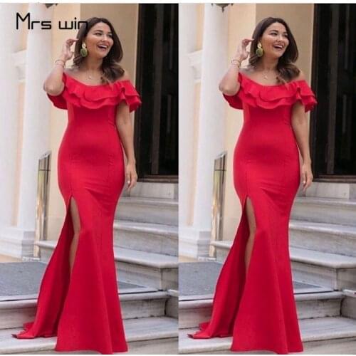 Mrs win Bridesmaid Dresses Off Shoulder Ruffles Elegant Mermaid Vestido Madrinha Plus Size Split Red Wedding Guest Dress HR315