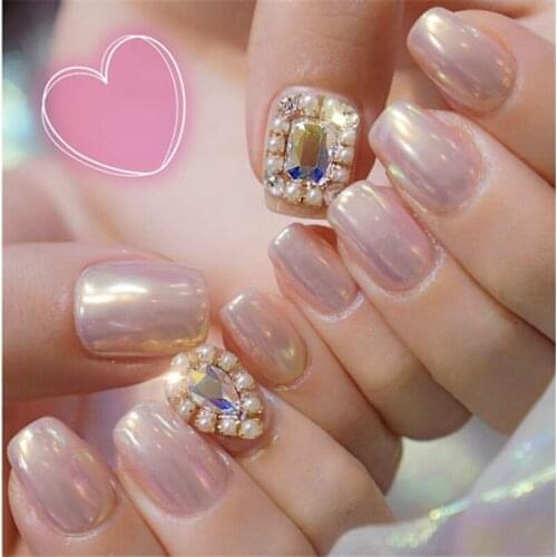 Princess style Mirror pink pure color with diamond 3d decorated fake nails cute bride false nails french short full nail tips