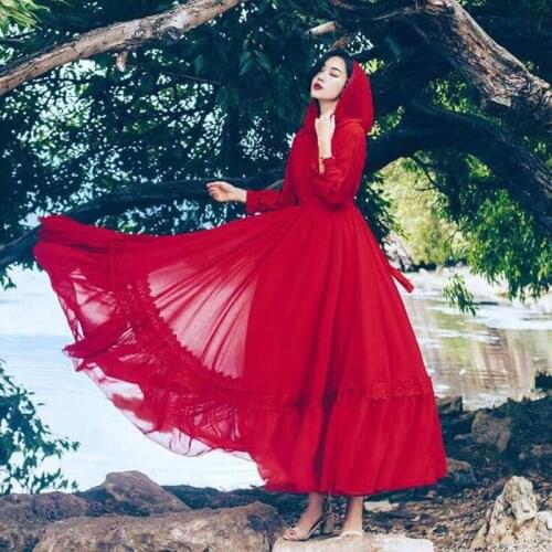 2021 Summer New Chinese Style Folk Dance Costume Womens New Large Size Red Chiffon Big Swing Dress Long Slim Hooded Dresses