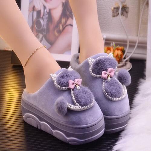 2020 New Arrival Girls Ins Cat Slippers Female Platform Fur Slides Increase 5 cm Rhinestone Shoes Woman House Slippers