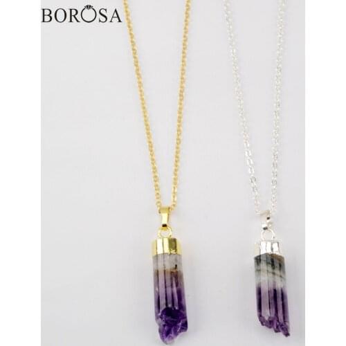 BOROSA Gold Silver Plated Natural Amrthysts Pillar Pendant Necklace Purple Crystal Druzy Necklace Women Healing Jewelry WX1505-N
