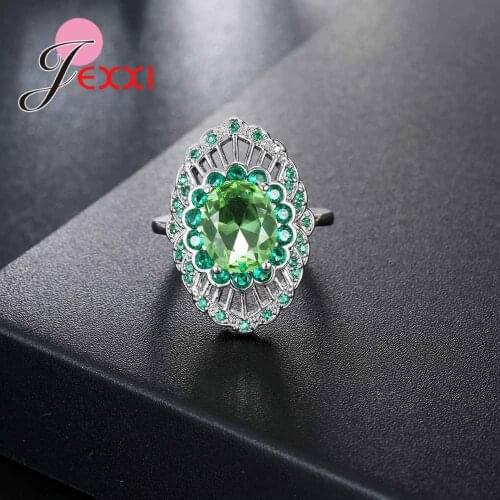 Retro Style Exquisite Hollow Out Geometric Green Cubic Zirconia Rings For Women Party Accessory Bridal 925 Sterling Silver