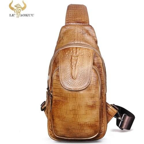 Trend Original Leather Men Fashion Travel Triangle Chest Sling Bag Design 8" Tablet One Shoulder Strap Bag Daypack Male 5016