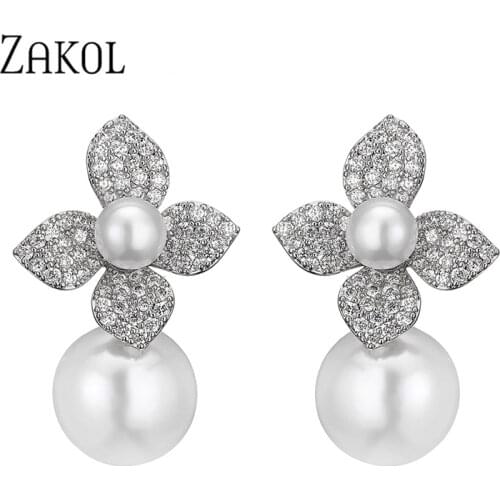 ZAKOL Classic Shiny Cubic Zirconia Dangle Earrings for Women Luxury Imitation Pearl Flower Bride Wedding Jewelry Gifts EP2995