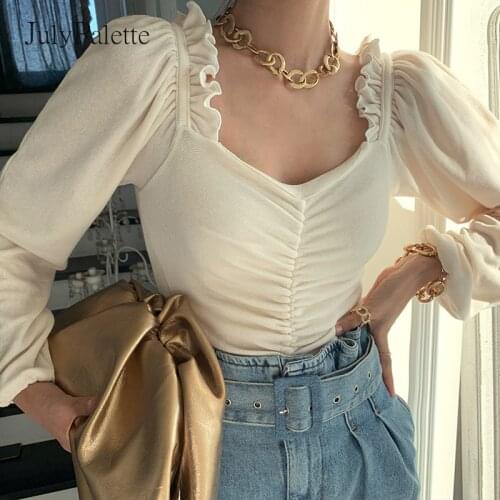 JulyPalette Sexy V-neck Folds Ruffled blouse Casual Solid Long Sleeve Women Shirts Spring summer Ruffle office lady Blouse New