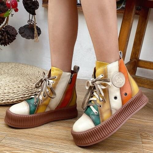 Mother Mixed Colors Shoes Genuine Leather Lace-Up Round Toe Flat with Women Boots 2021 New Handmade Concise Platform Boots Mujer