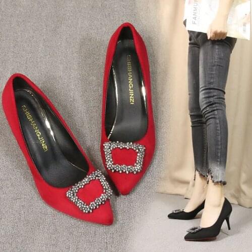 2021 summer new high heels fashion pointed shallow mouth womens single shoes square buckle large size dress wedding shoes