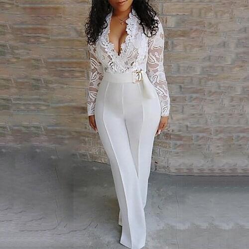 Rompers Sexy Jumpsuit Women Spring White Bodysuit Long Sleeve Fake Two Pieces Casual OL Work Elegant Lace Plus Size Tracksuit