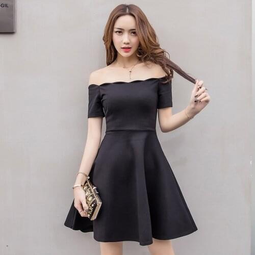 2021 Women One word collar Sexy Dress Solid Off shoulder A-line Dress Elegant Female Summer Banquet party Dresses mini dress