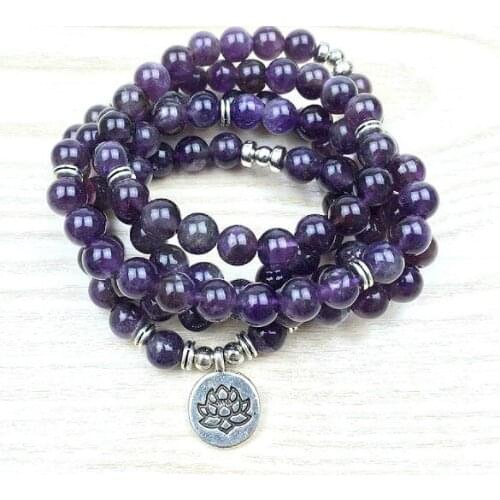 Purple 108 beads 8mm elastic adjustable Lotus life tree Buddha OM eye Chakra Reiki agate Onyx Yoga Bracelet necklace ugh34