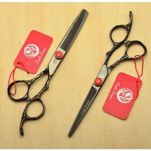 2Pcs 9002# 6'' Black Personalized Hairdressing Scissors 440C 62HRC Cutting + Thinning Scissors Professional Human Hair Scissors
