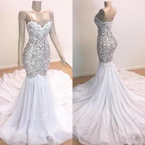 2019 Spaghetti Straps Mermaid Bridal Gowns Ruffles Sleeveless Elegant Lace Tulle Appliques Sweep Train Wedding Dresses Plus Size