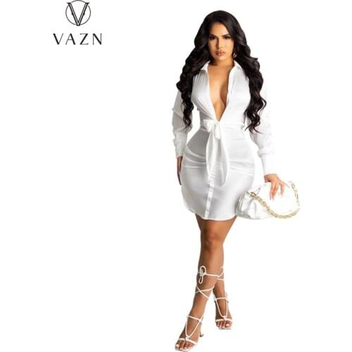 VAZN 2021 Solid Deep V-neck Full Sleeve Formal Elegant Mini Dresses Sexy Club Birthday Dress Women Elegant Fashion Female Dress