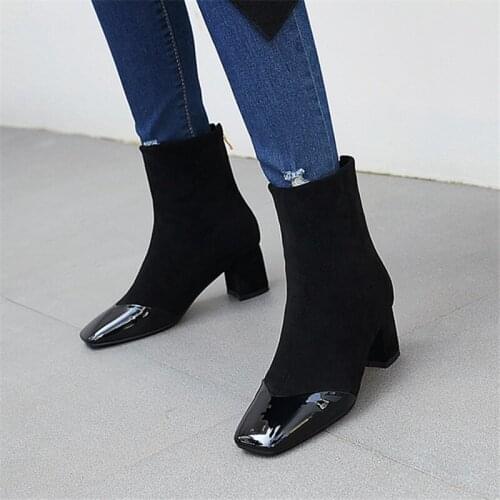 2021 Autumn Women Boots Faux Leather Sqaure High Heel Ankle Boots Fashion Square Toe Zip Boots Winter Ladies Boots