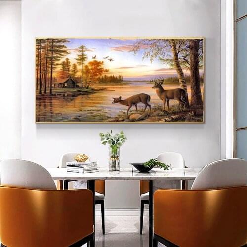 Abstract Sunset Deer Landscape Oil Painting on Canvas Posters and Prints Scandinavian Wall Art Picture For Living Room Decor