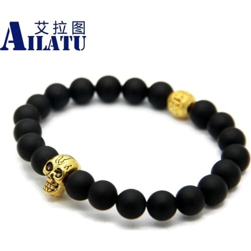 Ailatu Yoga Jewelry 8mm Black Matte Glass Bead with Double Face Skull Bracelet