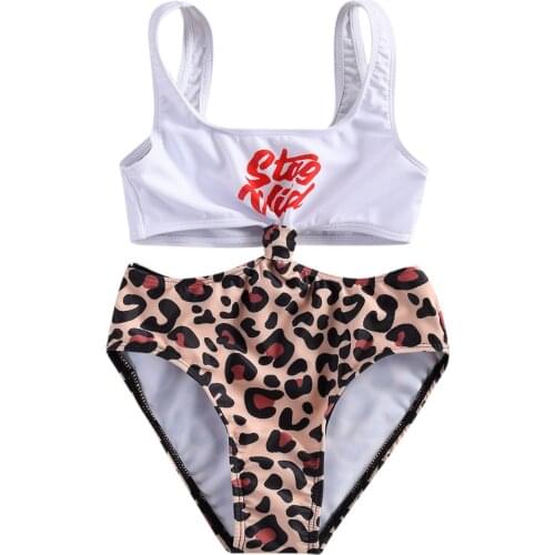 Kid Child Girl Letter Leopard Splicing Slim Bikini One-piece Swimsuit ound Neck Sleeveless Hollowed-out 6-13Years