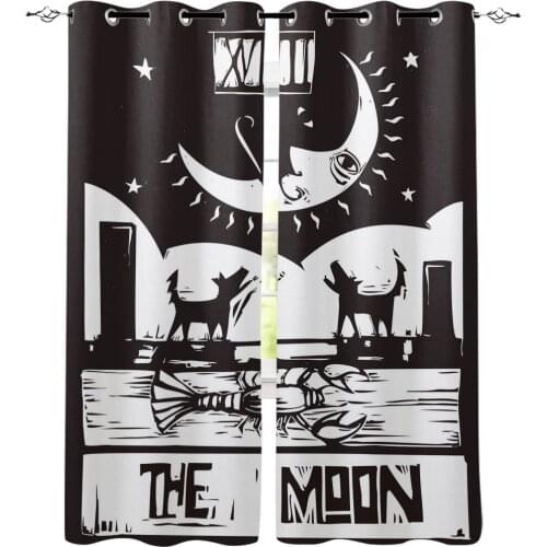 Moon Black And White Dog Silhouette Night Window Curtains LivingRoom Kitchen Curtains Left and Right Biparting Open