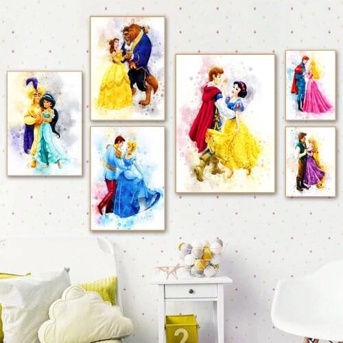 Disney Princess Cartoon Watercolor Princess and Prince Print Wall Disney Poster Canvas Painting for Children Art Room No Frame
