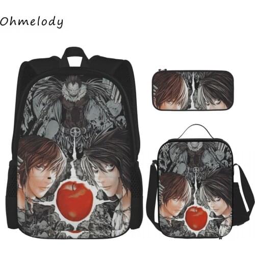 Death Note Boys Cool School Backpack Sets 3in1 Bookbag Lunch Bags Pencil Cases Children Cartoon Backpack for Travelling Picnic