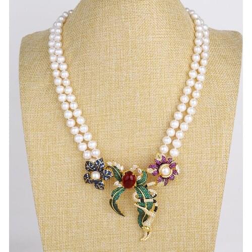 21" 2 Rows White Round Pearl Necklace Cz Pave Pendant