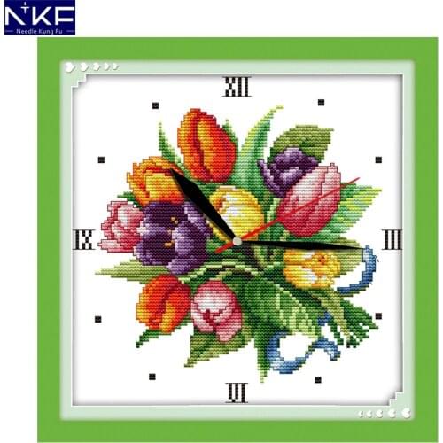 NKF Tulip Clock Face Chinese Cross Stitch Kits Embroidery Needlework Patterns Handcrafts DIY kits Cross Stitch for Home Decor