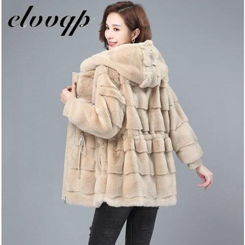2021 New Autumn Winter Women Mink fleece Warm Coat Furry Jacket Plus Size Ladies Fake Fox Fur Collar Hooded Long Outwear Female