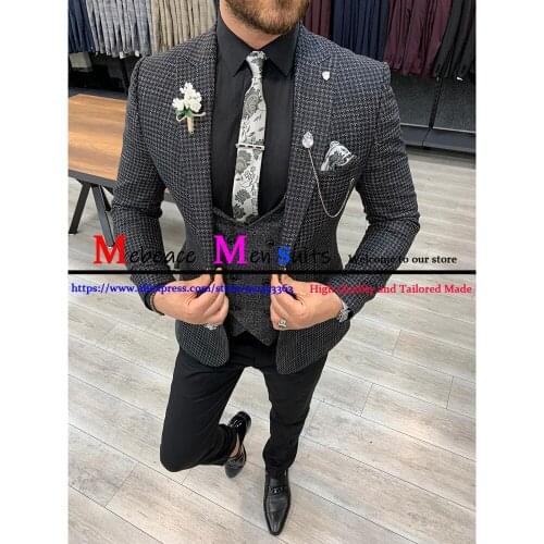 2021 Latest Design Dark Gray Checkered Formal Men Suits Fashion Groom Tuxedos Wedding Party Man 3-Pieces (Jacket+Vest+Pants)